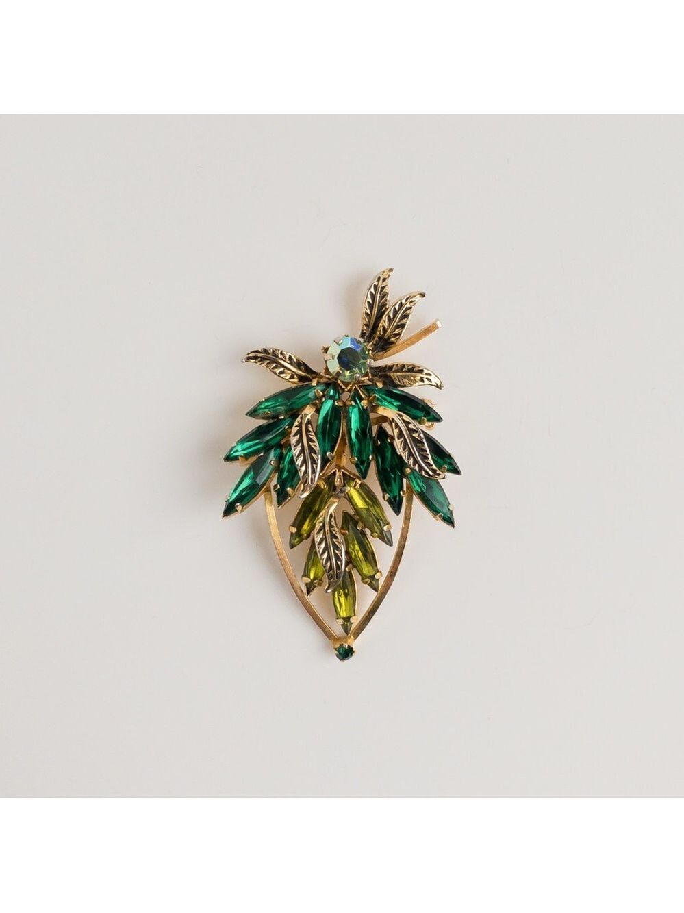 Made In Austria Flower Bouquet Brooch Pin Green Navette Rhinestones Gold Tone